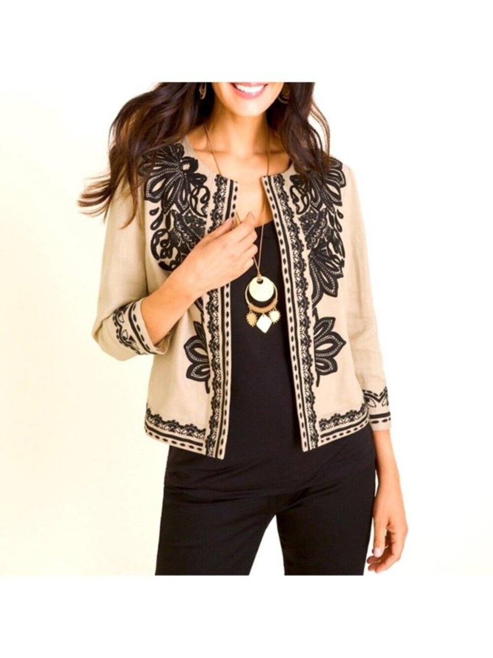 CHICO'S embroidered linen 3/4 sleeve jacket (2/US12-14)